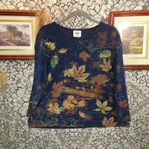 Studio Collection leaf print blue sweater lightweight fall design bead accents